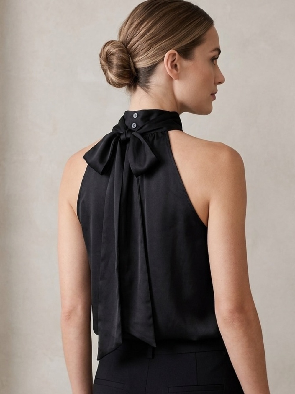 LOFT Black Satin Halter Top with Tie Back